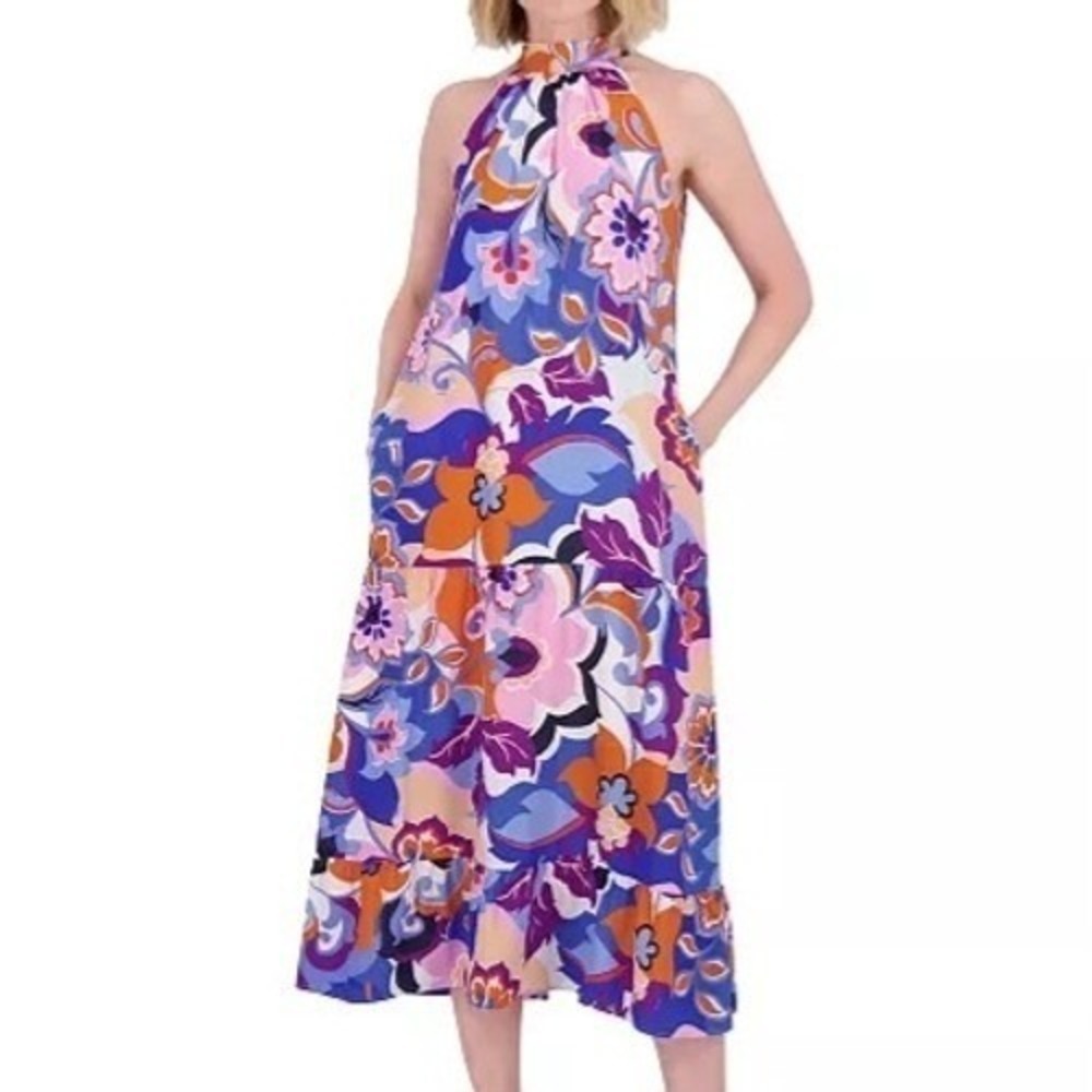 Eliza J Printed Halter Midi Sleeveless Tie Neck Multi Floral Dress Womens Size 8